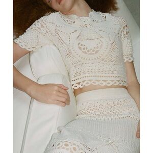 NWT SEA New York White Short-Sleeve Crochet Knit Carter Sweater Top